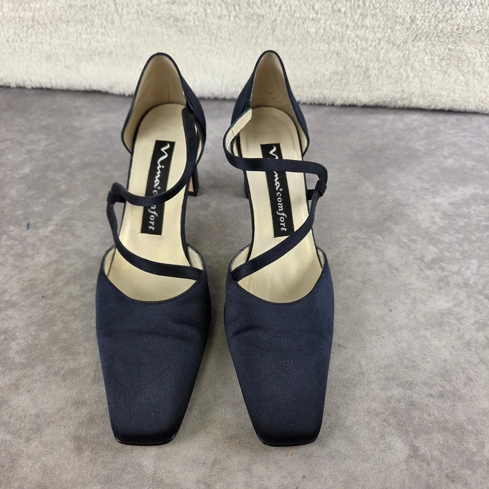 Nina Comfort Navy Blue Satin Square Toe Crisscross Strap Heels Size 8M Spain